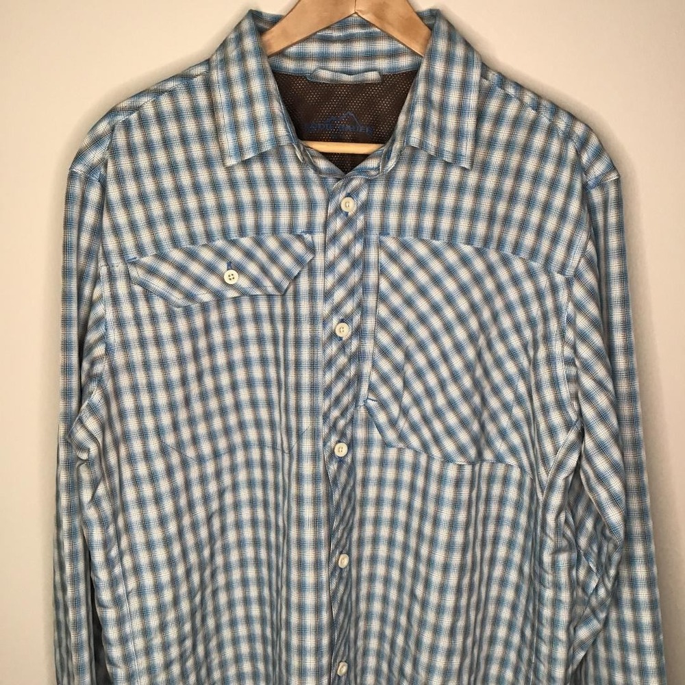 Eddie Bauer First Ascent Mens Blue Plaid Long Sleeve Button Down Shirt L Fishing